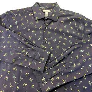 bar III Untucked Floral Button Up Dress Shirt Men L Navy Slim Fit Stretch NWT